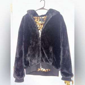 Forever 21 Black Faux Fur Jacket with Leopard Print